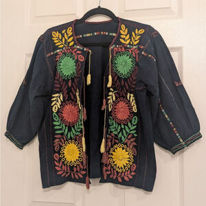 Vintage Indigo Boho Otomi Embroidered Floral Tassel Artisanal Ethnic Hippie Top